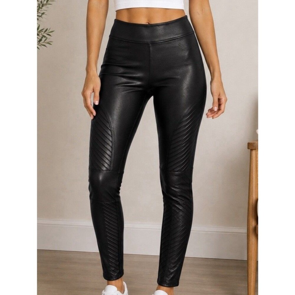 SPANX Faux Leather Moto Leggings L Black High Rise Shaping Moto Panel Edgy NWT